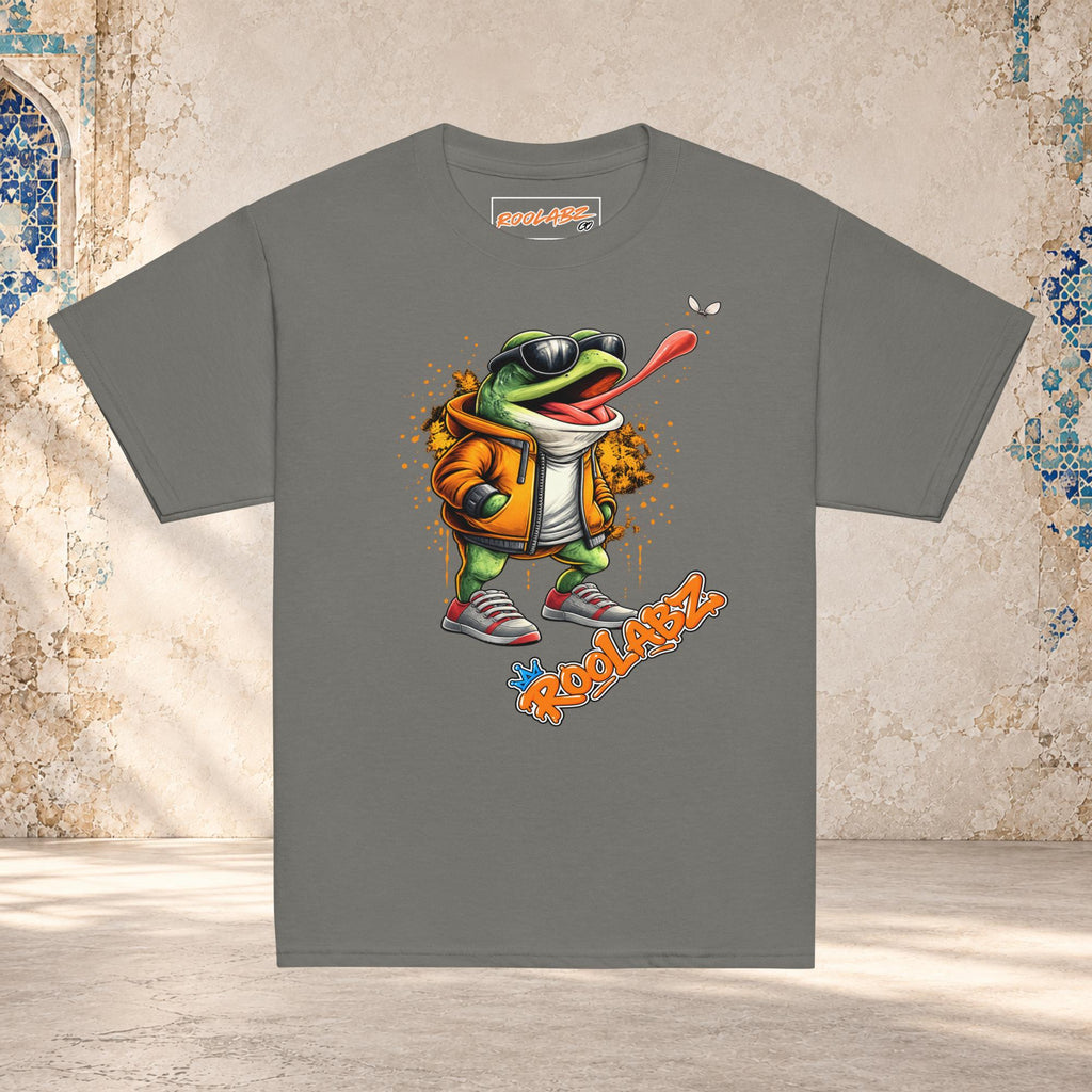 Front mockup of a charcoal youth tee with a frog in sunglasses reaching its tongue toward a fly