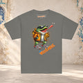 Front mockup of a charcoal youth tee with a frog in sunglasses reaching its tongue toward a fly