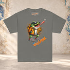 Front mockup of a charcoal youth tee with a frog in sunglasses reaching its tongue toward a fly