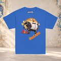 Front mockup of a royal youth tee with a puffed-up pufferfish bursting out of a black and white tuxedo